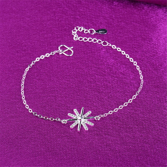 Cubic Zirconia and Silver-Plated Snowflake Charm Anklet, silver anklet bracelet, everyday style, front view