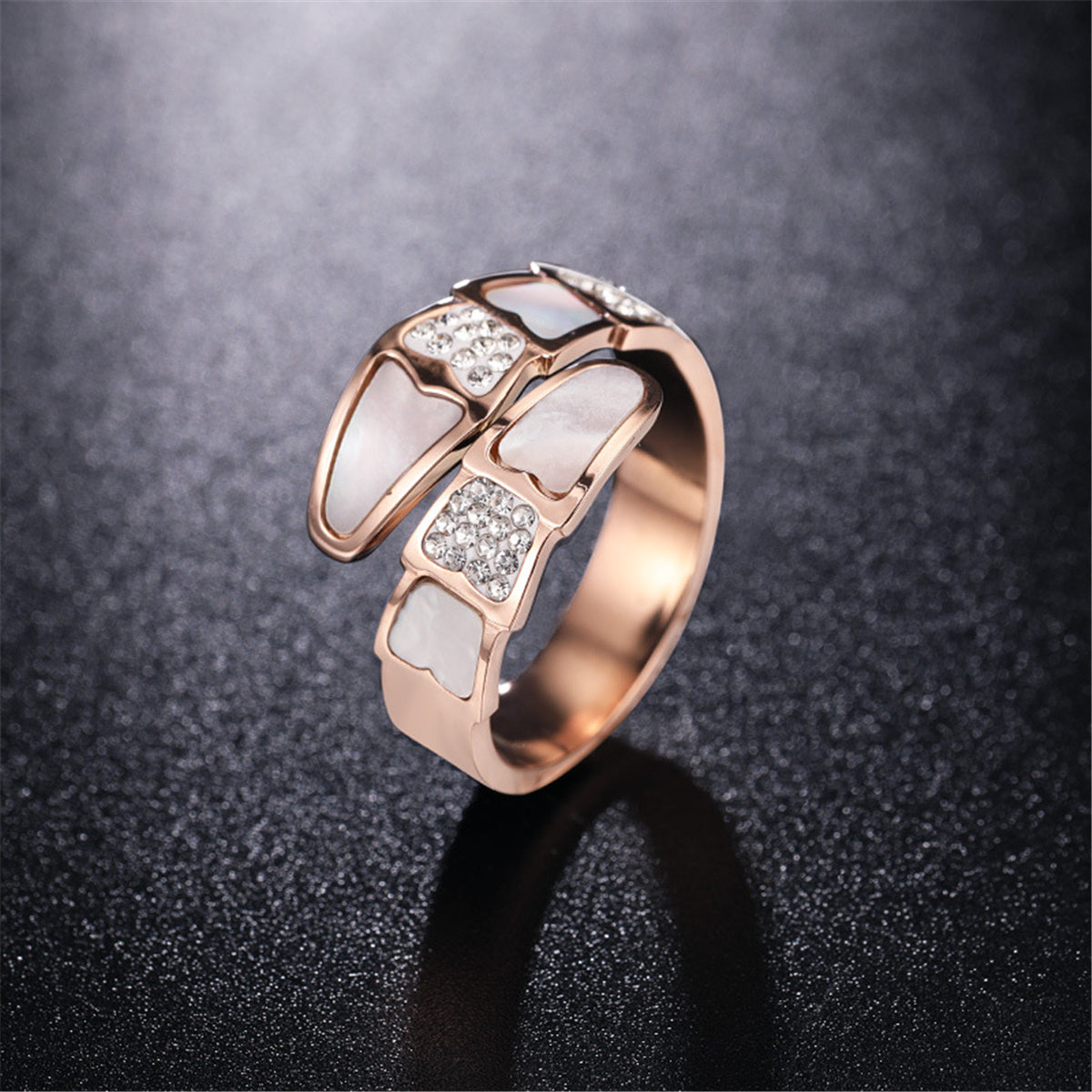 Cubic Zirconia and Shell Pangolin Scale Bypass Ring, statement rings for women, everyday style, side view