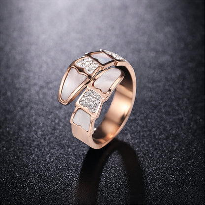Cubic Zirconia and Shell Pangolin Scale Bypass Ring, statement rings for women, everyday style, side view
