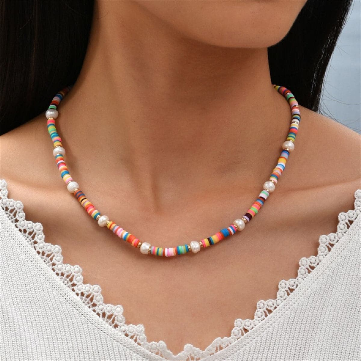 Pearl and Multicolor Polymer Clay 18K Gold-Plated Bead Necklace, gold pendant necklace for women, lifestyle look