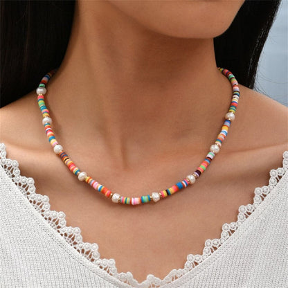 Pearl and Multicolor Polymer Clay 18K Gold-Plated Bead Necklace, gold pendant necklace for women, lifestyle look