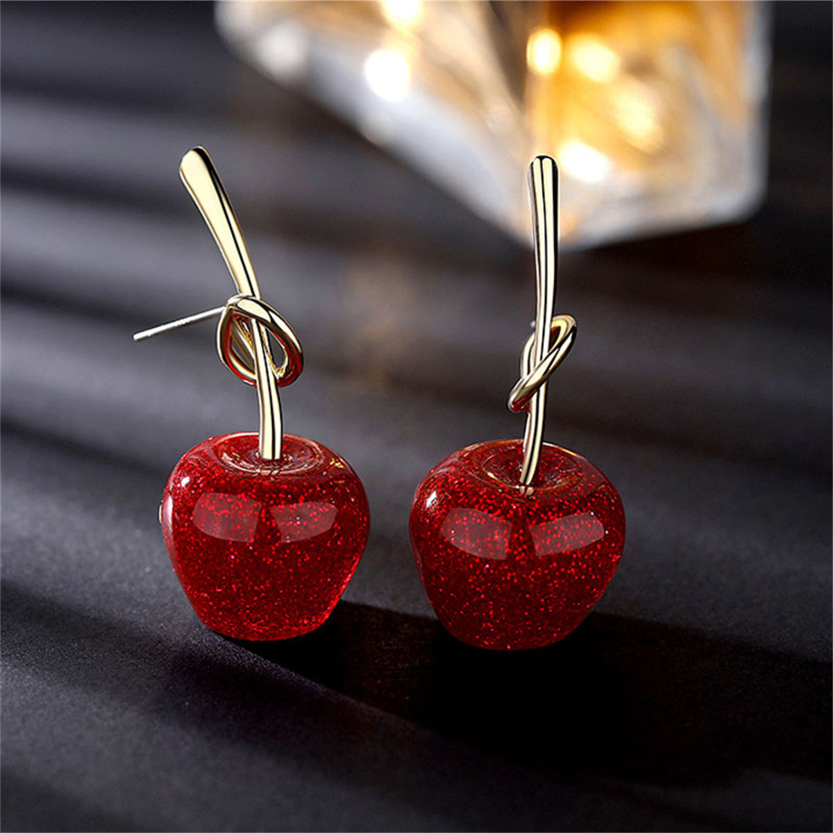 Red Resin and 18K Gold-Plated Cherry Drop Earrings, gold drop earrings for women, elegant gift for her, front view