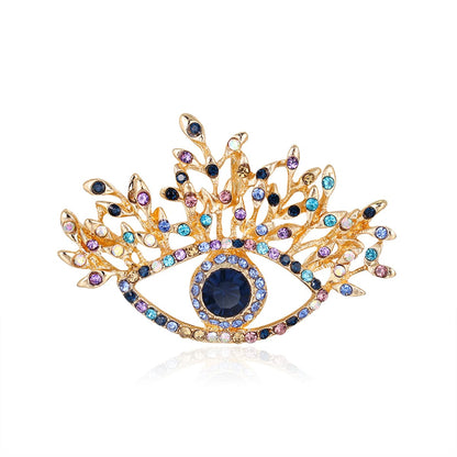Blue Crystal and Multicolor Cubic Zirconia 18K Gold-Plated Eye Brooch, gold brooch pin, everyday style, detail close-up