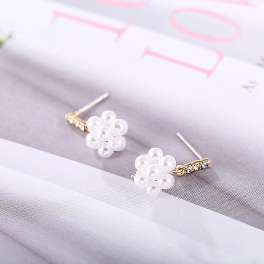 Pearl and Cubic Zirconia 18K Gold-Plated Cluster Flower Drop Earrings, gold drop earrings for women, front view
