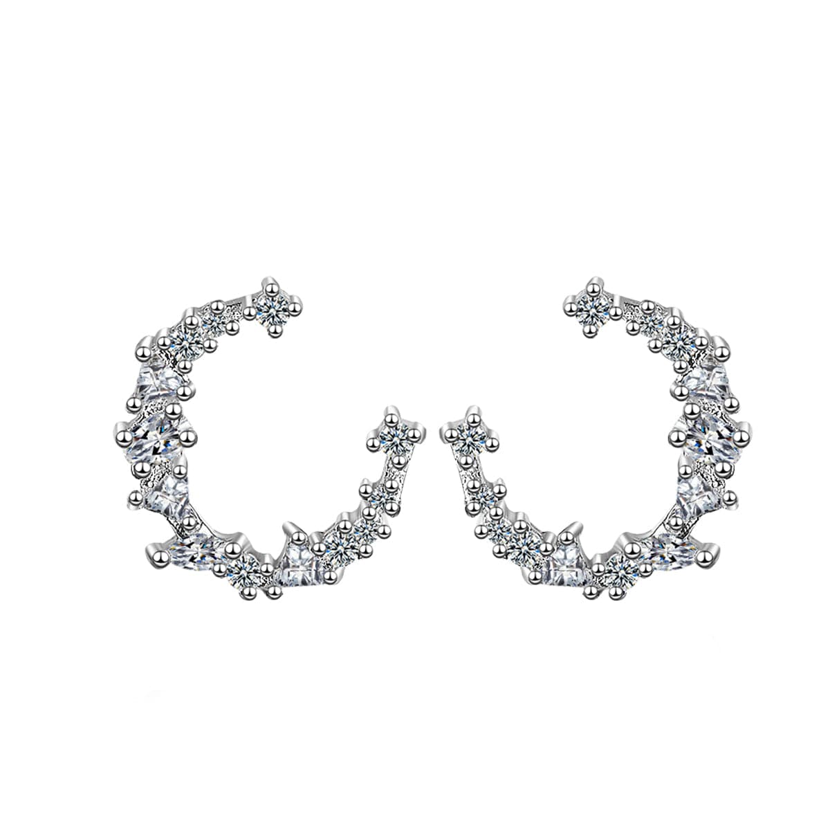 Cubic Zirconia and Silver-Plated Crescent Stud Earrings, silver stud earrings for women, botanical inspired, side view