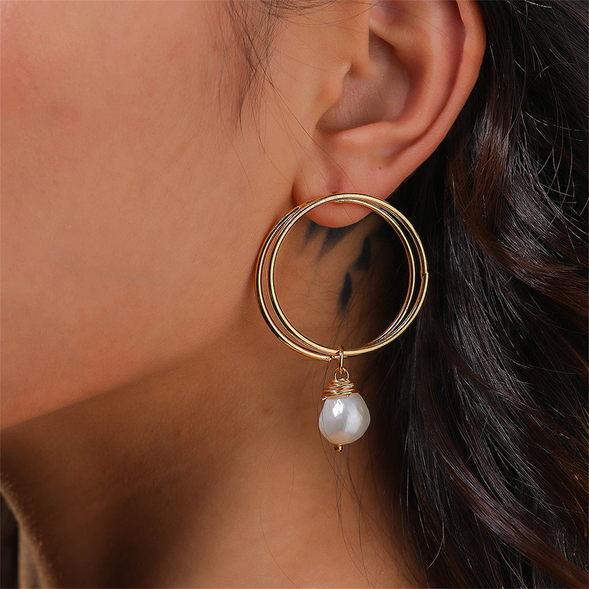 Pearl & 18K Gold-Plated Double Hoop Drop Earrings