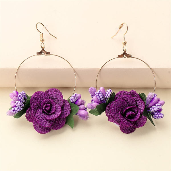 Purple Lace & Goldtone Rose Drop Earrings