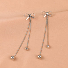 Silver-Plated Bow Double Ball Drop Earrings