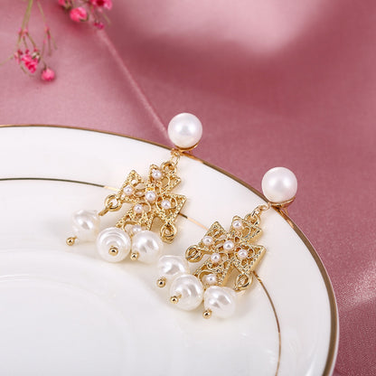 Pearl and 18K Gold-Plated Chandelier Drop Earrings, gold drop earrings for women, elegant gift for her, side view