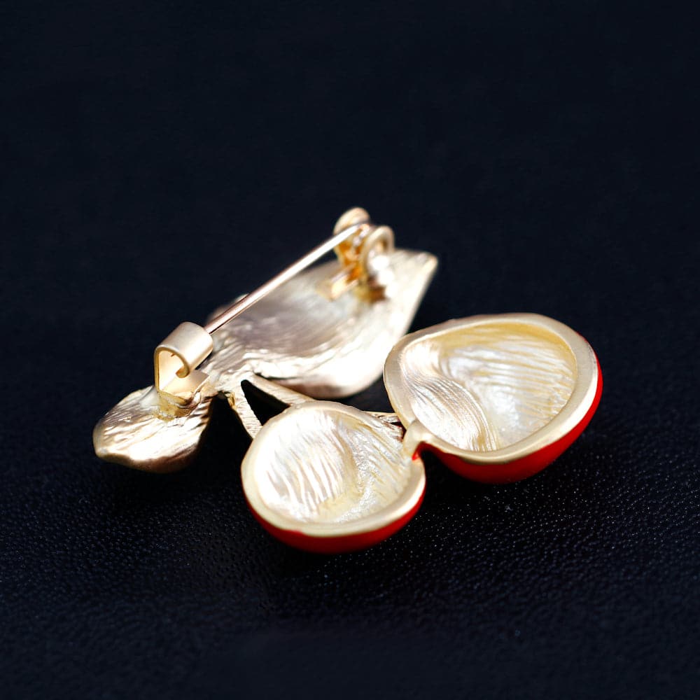 Red and 18K Gold-Plated Cherry Brooch, gold brooch pin, dainty minimalist design, lifestyle look