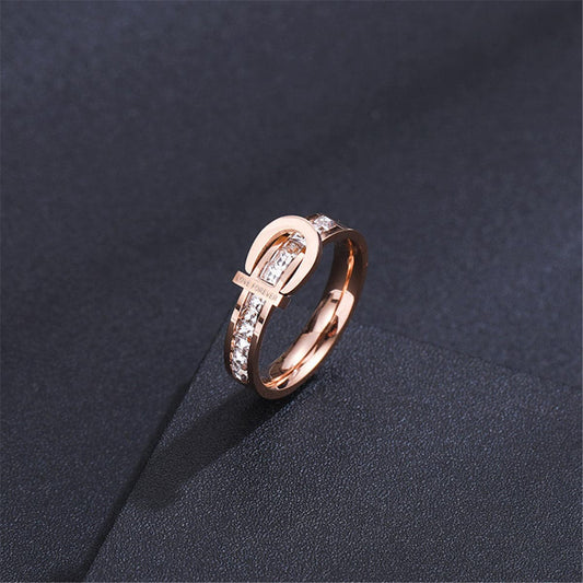 Crystal and 18K Rose Gold-Plated Belt Buckle Ring, rose gold statement rings for women, elegant gift for her, front view