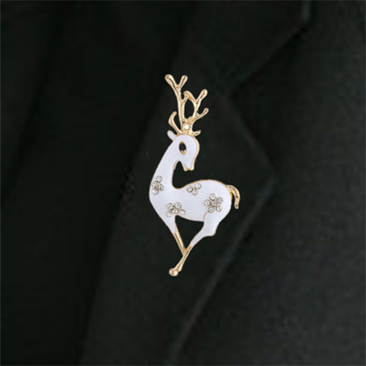 Cubic Zirconia and White Enamel 18K Gold-Plated Reindeer Brooch, gold brooch pin, elegant gift for her, side view