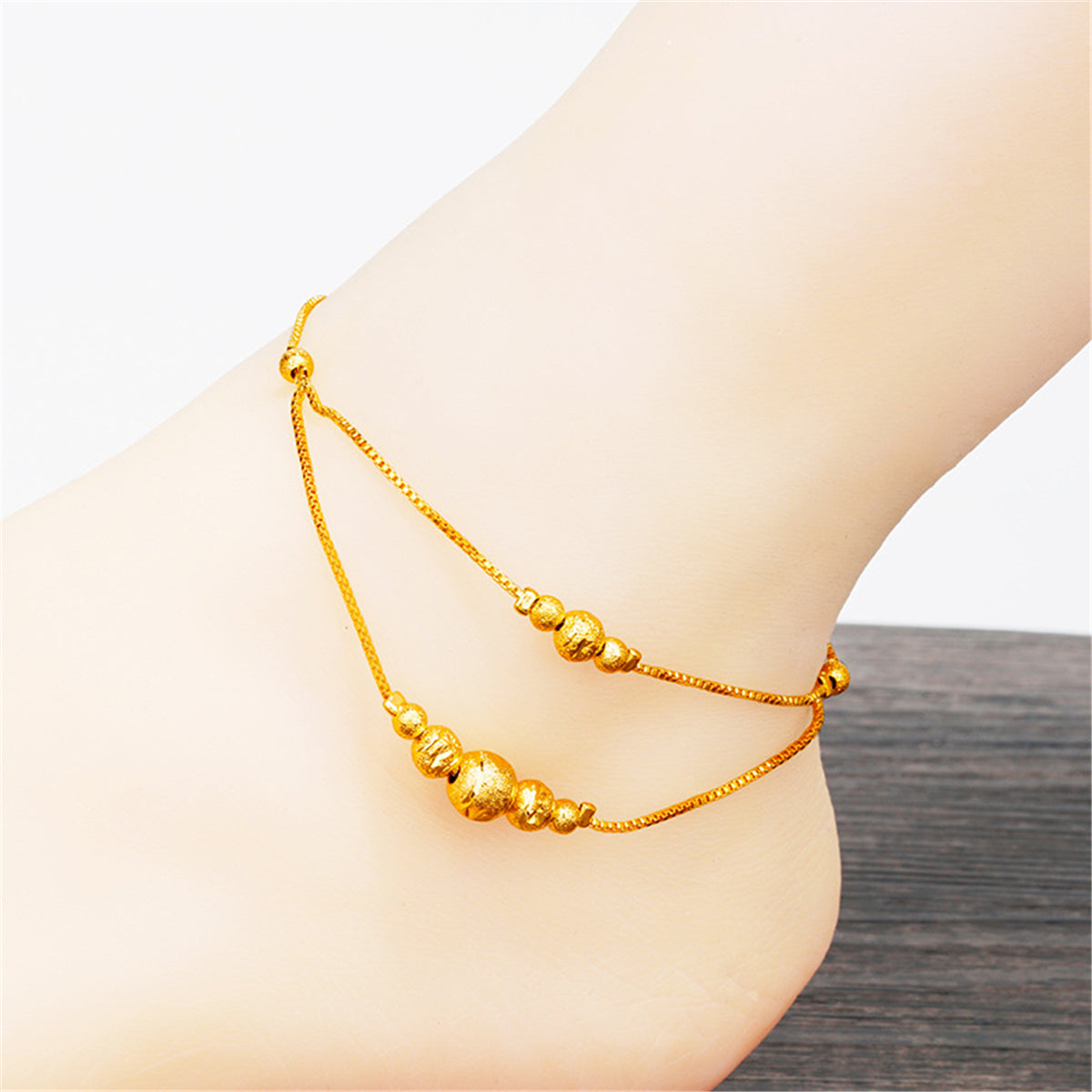 24K Gold-Plated Round Bead Layered Anklet, gold anklet bracelet, everyday style, lifestyle look
