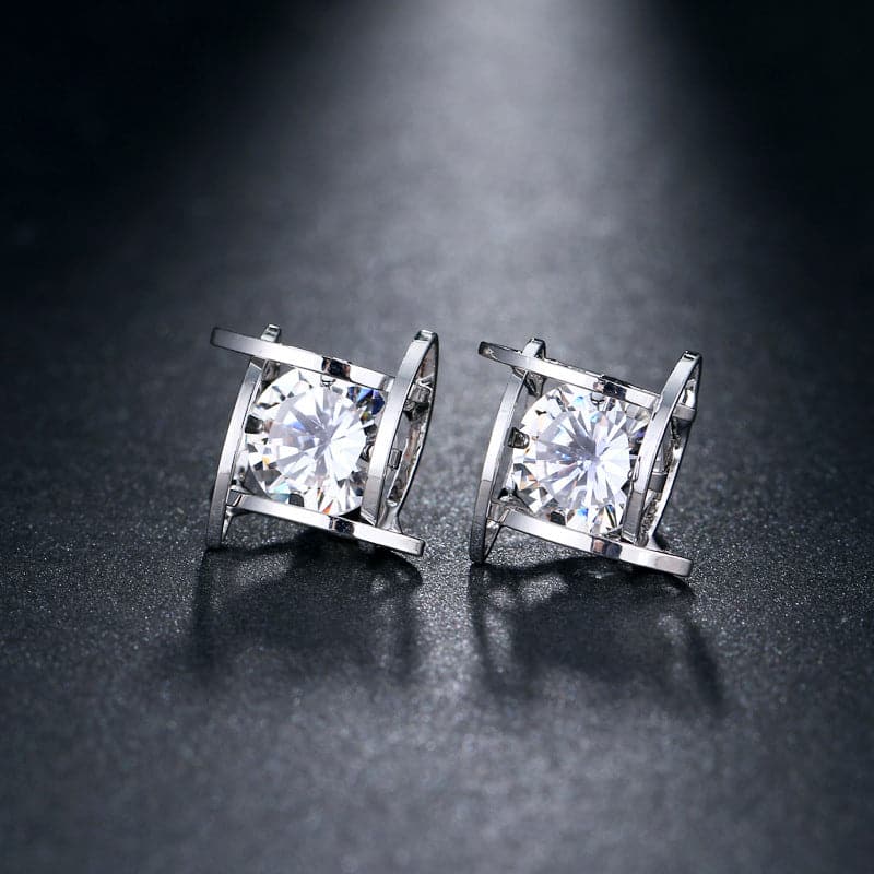 Crystal and Silver-Plated Caged Stud Earrings, silver stud earrings for women, everyday style, front view