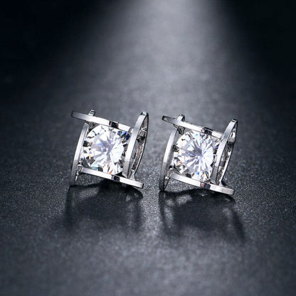 Crystal and Silver-Plated Caged Stud Earrings, silver stud earrings for women, everyday style, front view