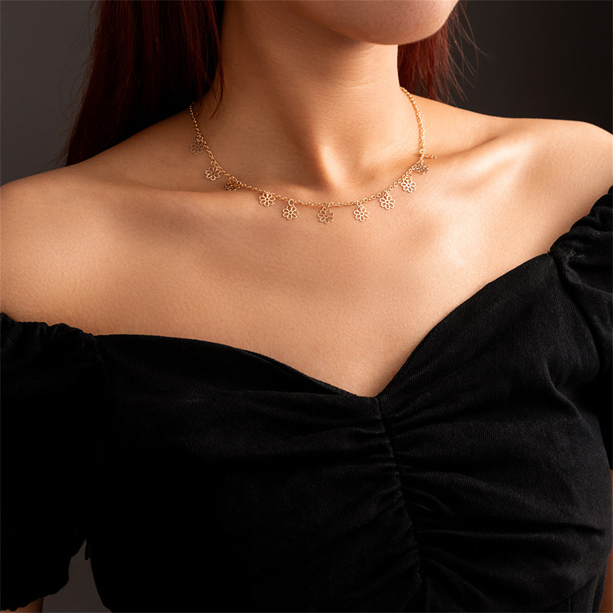 18K Gold-Plated Open Flower Station Necklace, gold pendant necklace for women, elegant gift for her, side view
