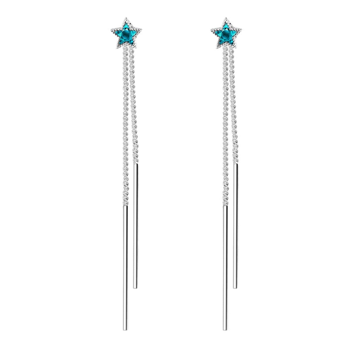 Blue Crystal and Silver-Plated Star and Tassel Drop Earrings, everyday style, side view