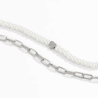 Pearl and Silver-Plated Heart Necklace Set, jewelry gift sets for women, everyday style, styled look