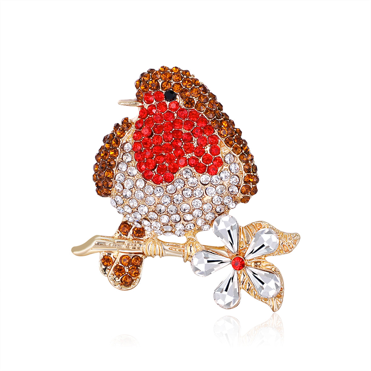 Red and Multicolor Cubic Zirconia and 18K Gold-Plated Bird Brooch, gold brooch pin, everyday style, side view