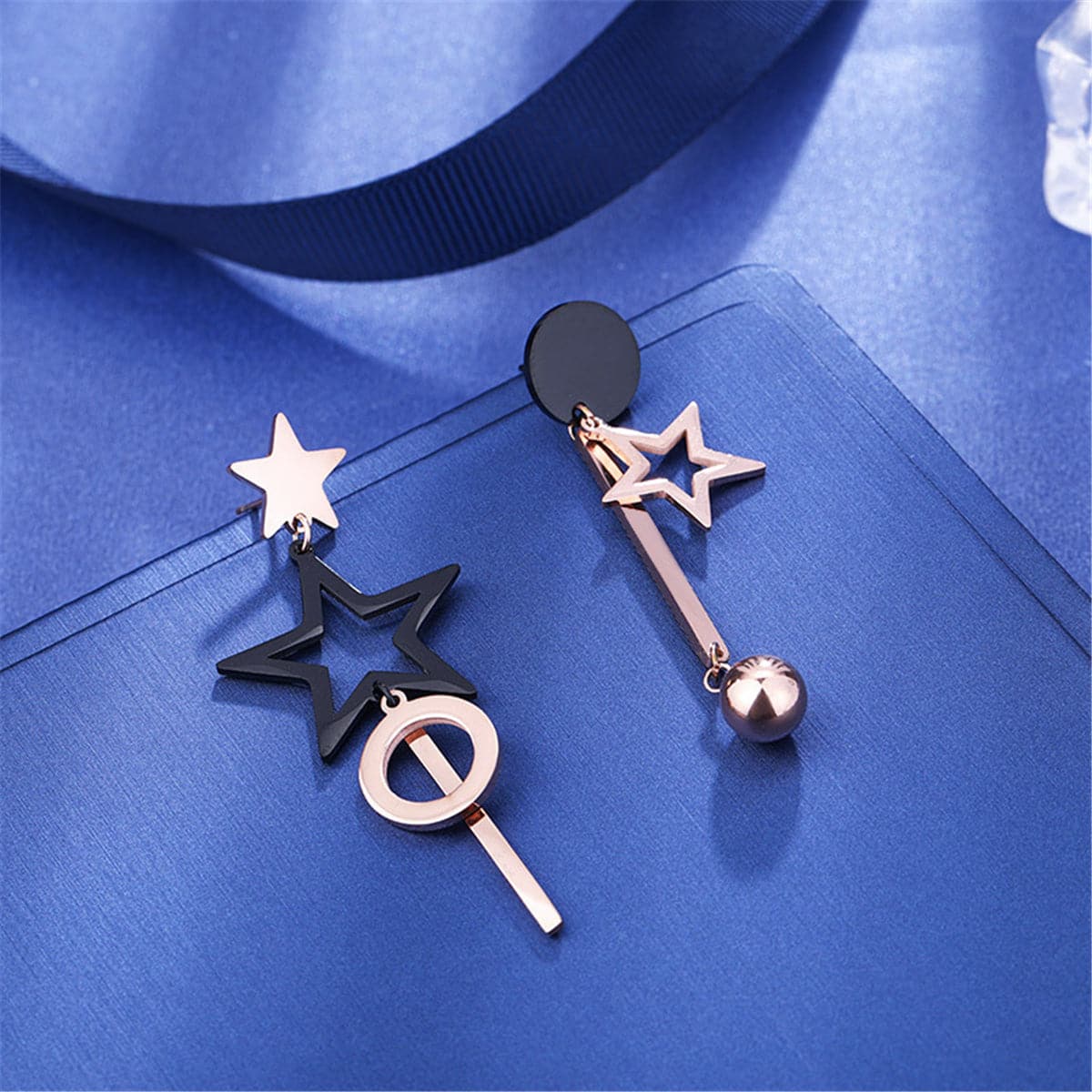Black and 18K Rose Gold-Plated Star Asymmetric Drop Earrings, rose gold drop earrings for women, everyday style, side view