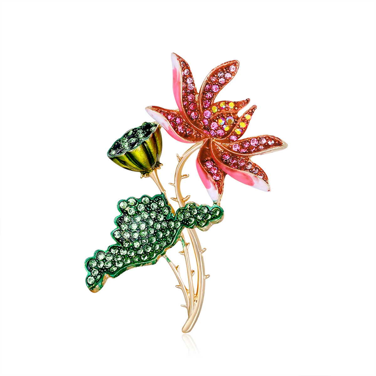 Green Enamel and Multicolor Cubic Zirconia 18K Gold-Plated Lotus Brooch, gold brooch pin, elegant gift for her, side view