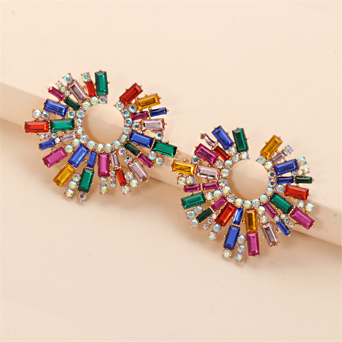Multicolor Cubic Zirconia and 18K Gold-Plated Hola Round Stud Earrings, gold stud earrings for women, detail close-up
