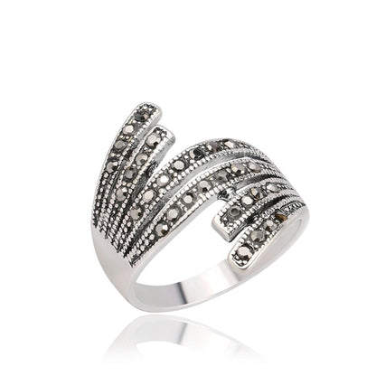 Black Cubic Zirconia Wing Band Ring, statement rings for women, vintage-inspired design, side view