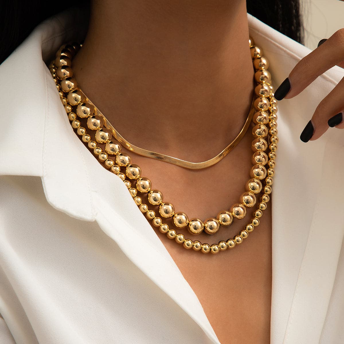 18K Gold-Plated Bead and Snake Chain Necklace Set, jewelry gift sets for women, dainty minimalist design, side view