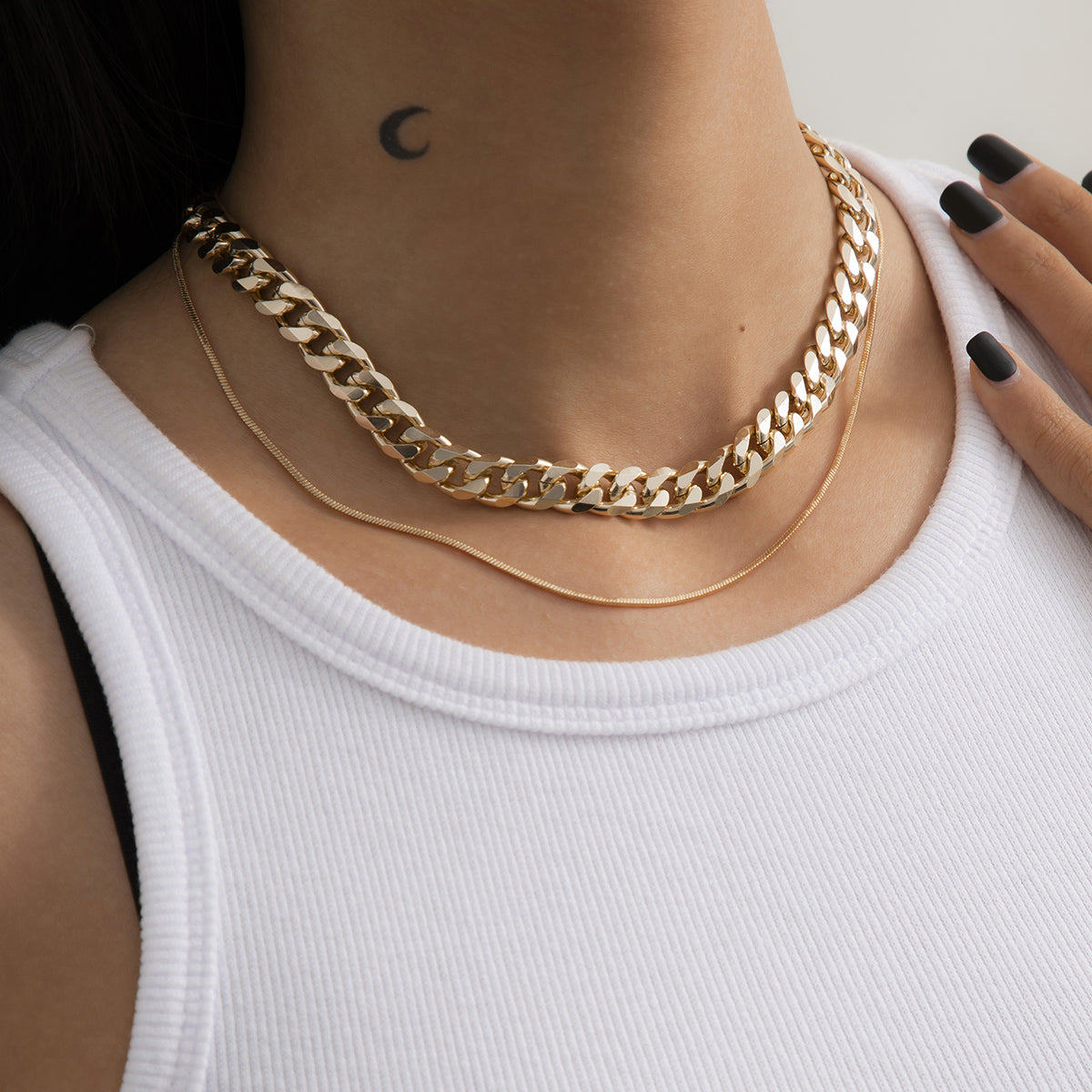 18K Gold-Plated Curb Chain Choker Necklace and Mini Herringbone Chain, jewelry gift sets for women, side view