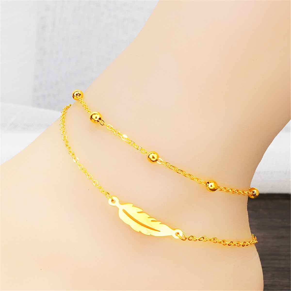 24K Gold-Plated Feather Layered Anklet, gold anklet bracelet, everyday style, lifestyle look