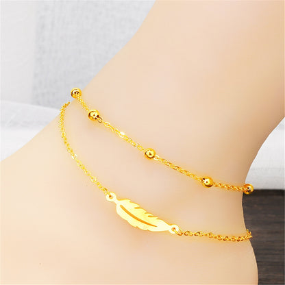 24K Gold-Plated Feather Layered Anklet, gold anklet bracelet, everyday style, lifestyle look