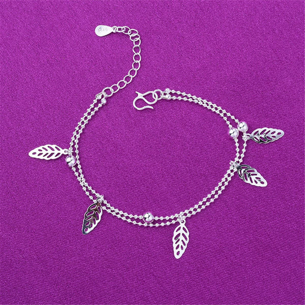Silvertone Leaves Station Bead Chain Layered Anklet