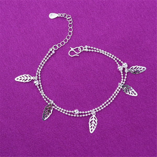 Silvertone Leaves Station Bead Chain Layered Anklet