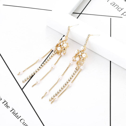 Pearl and Cubic Zirconia 18K Gold-Plated Beaded Tassel Drop Earrings, gold drop earrings for women, front view