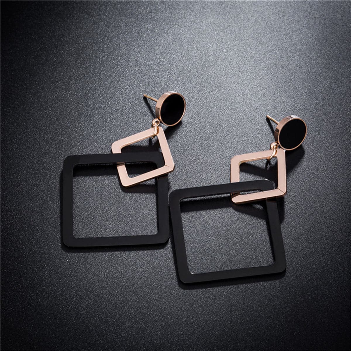 18K Rose Gold-Plated and Black Double Open Rhombus Drop Earrings, rose gold drop earrings for women, detail close-up