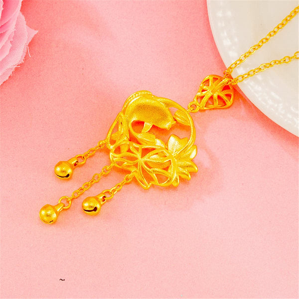24K Gold-Plated Open Lotus & Fish Pendant Necklace