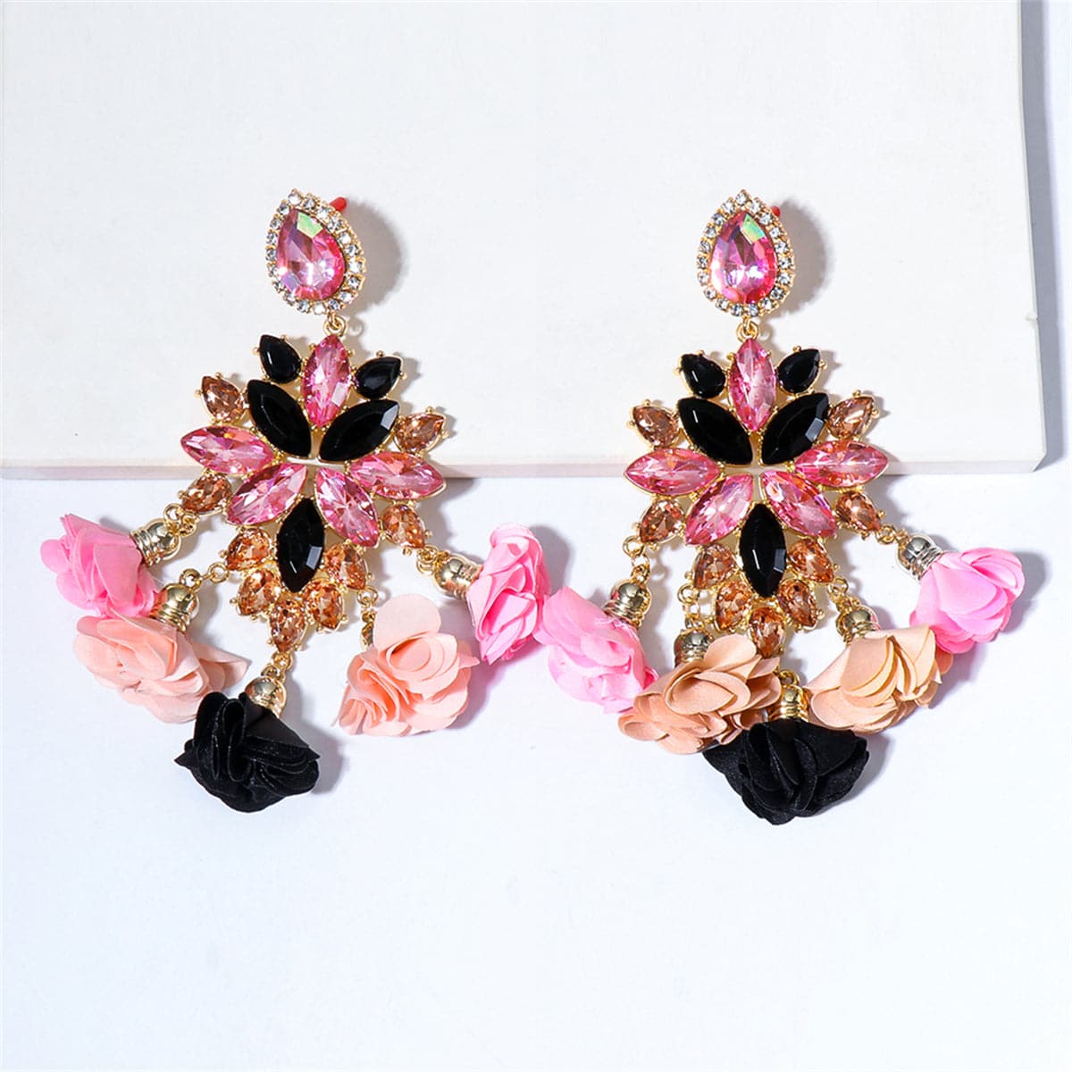Black Crystal & Pink Cubic Zirconia Flower Tassel Drop Earrings