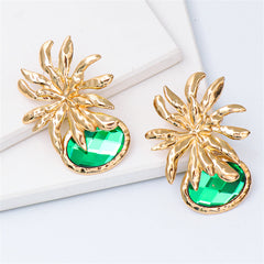 Green Oval Crystal & 18K Gold-Plated Flower Drop Earrings