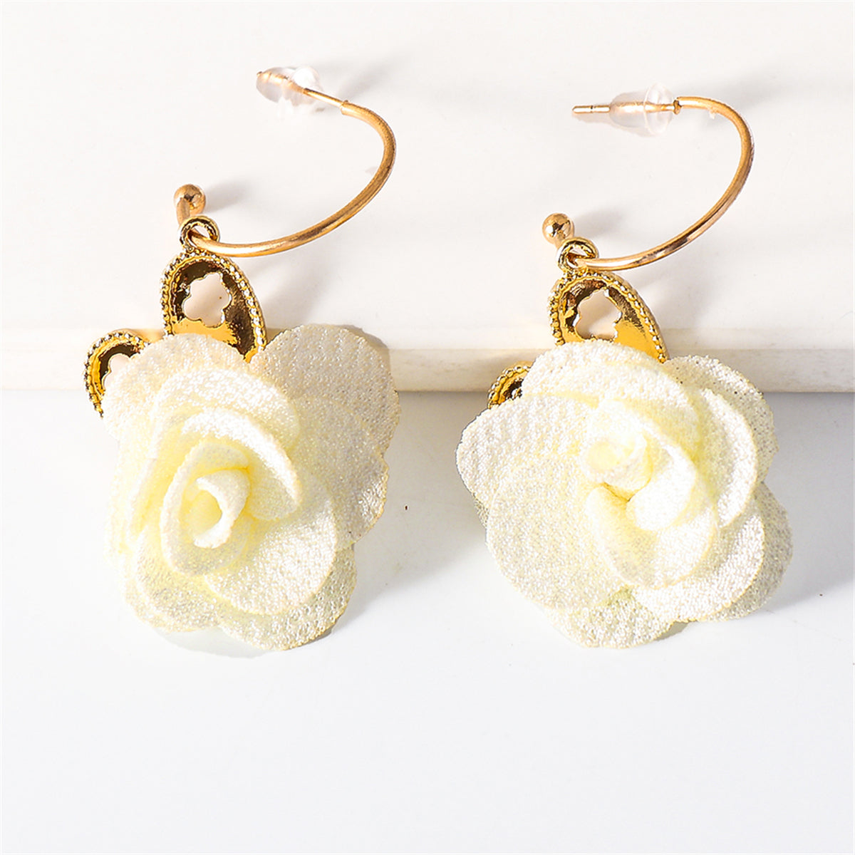 White Lace & 18K Gold-Plated Heart Flower Drop Earrings