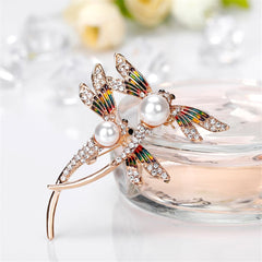 Pearl & Cubic Zirconia Enamel 18K Gold-Plated Double-Dragonfly Brooch