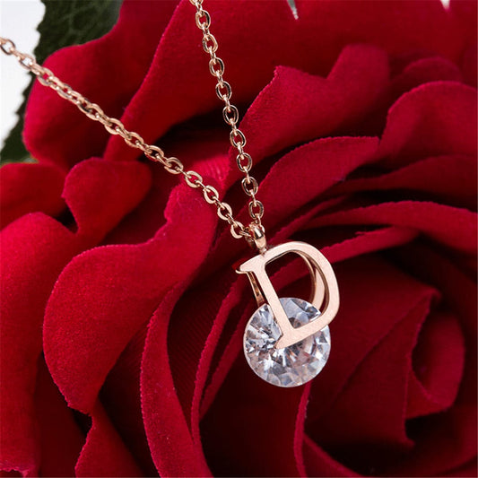 Cubic Zirconia and 18K Rose Gold-Plated 'D' Pendant Necklace, rose gold pendant necklace for women, front view