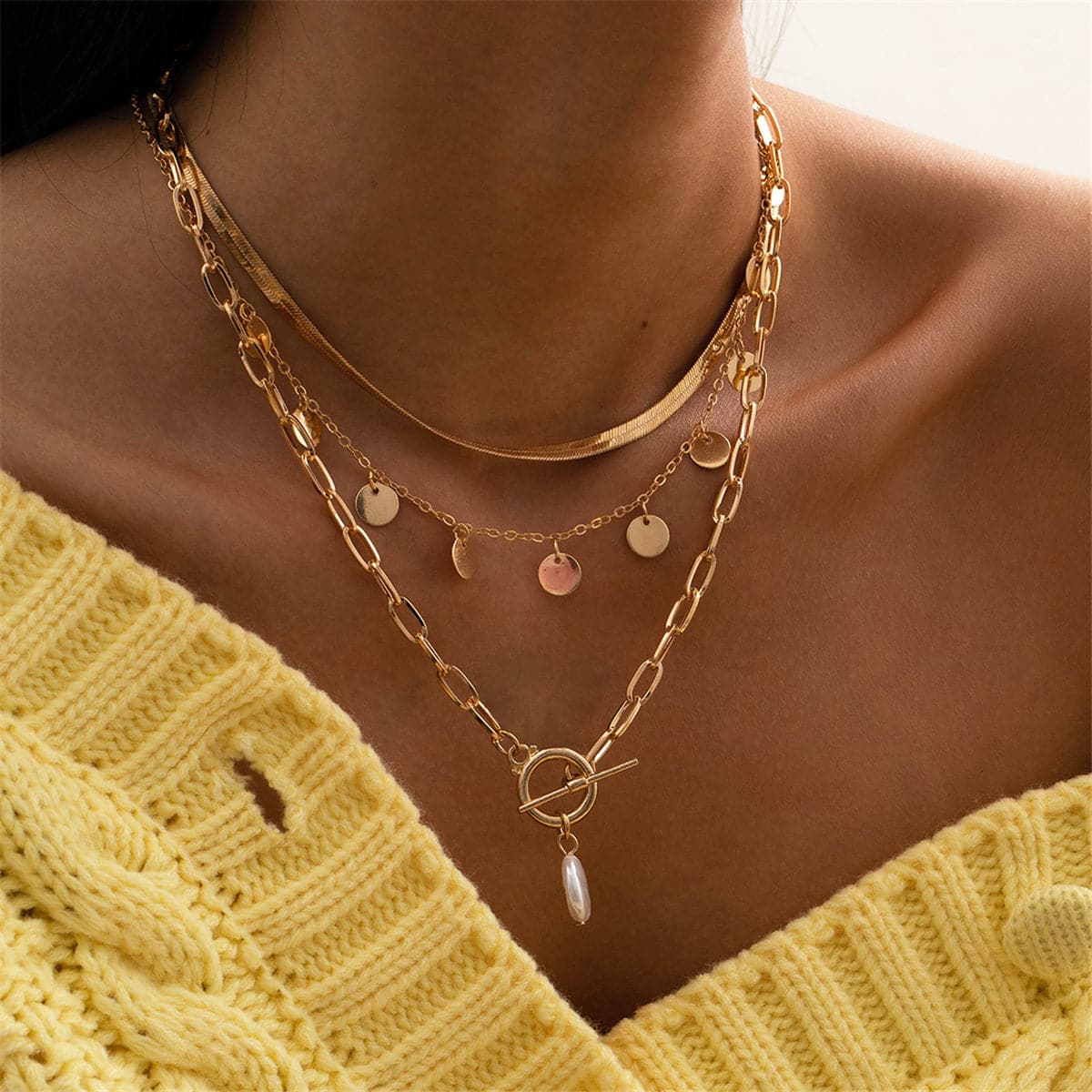 Pearl and 18K Gold-Plated Sequin Necklace Set, jewelry gift sets for women, dainty minimalist design, side view