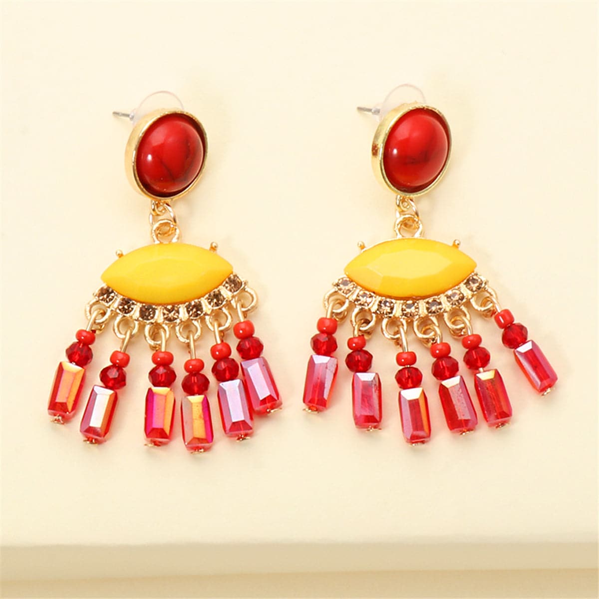 Turquoise and Red Cubic Zirconia Tassel Drop Earrings, drop earrings for women, botanical inspired, side view