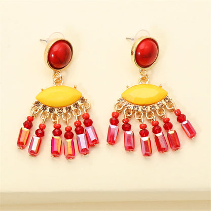 Turquoise and Red Cubic Zirconia Tassel Drop Earrings, drop earrings for women, botanical inspired, side view