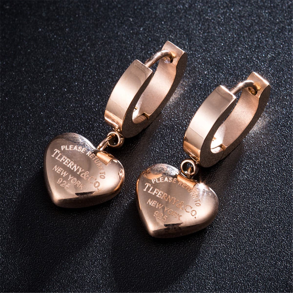 18K Rose Gold-Plated Heart Drop Earrings, rose gold drop earrings for women, vintage-inspired design, side view