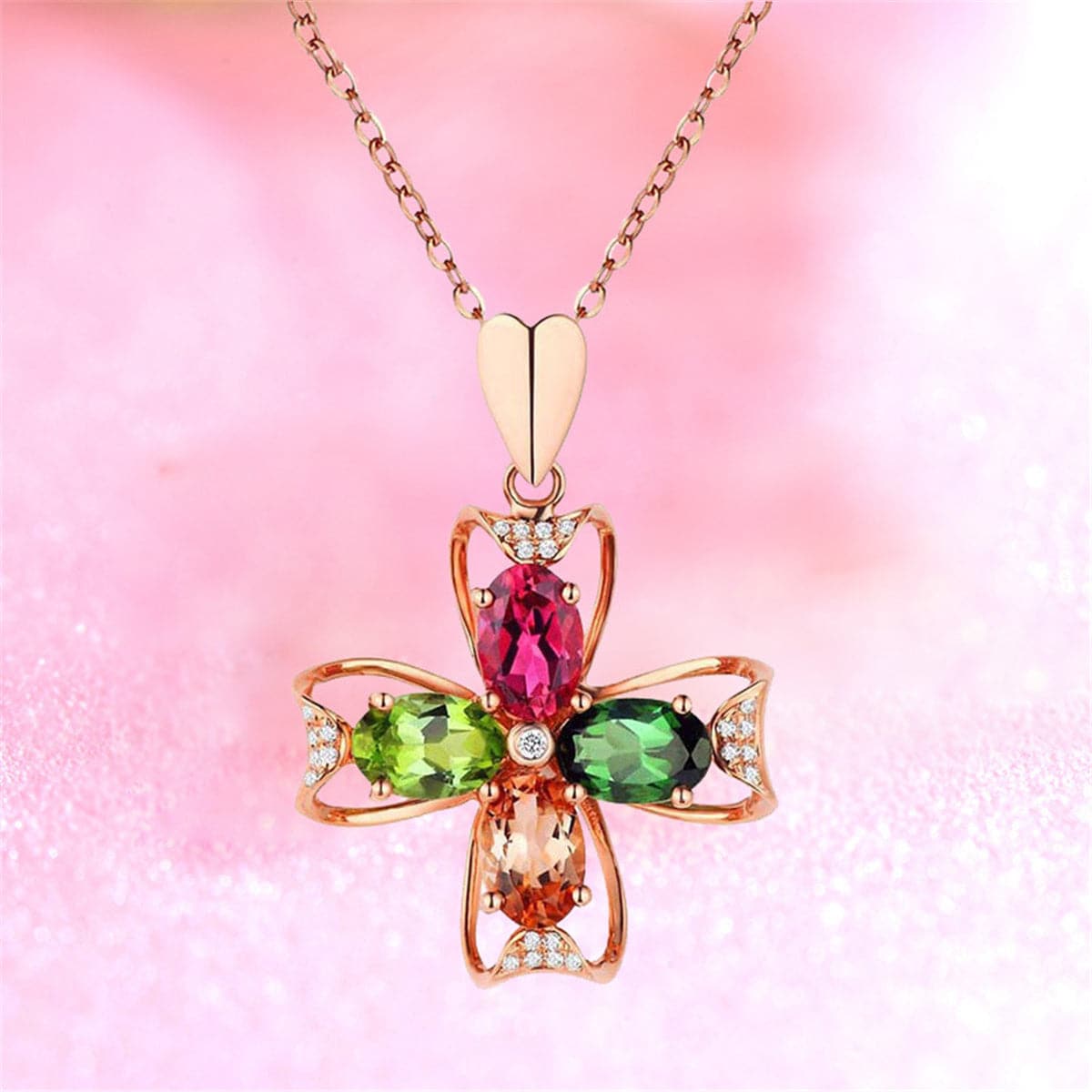 Red & Blue Cubic Zirconia Floral Pendant Necklace