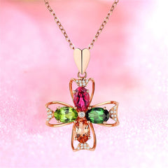 Red & Blue Cubic Zirconia Floral Pendant Necklace