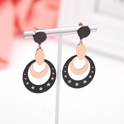 Black and 18K Rose Gold-Plated Star Circle Drop Earrings, rose gold drop earrings for women, detail close-up