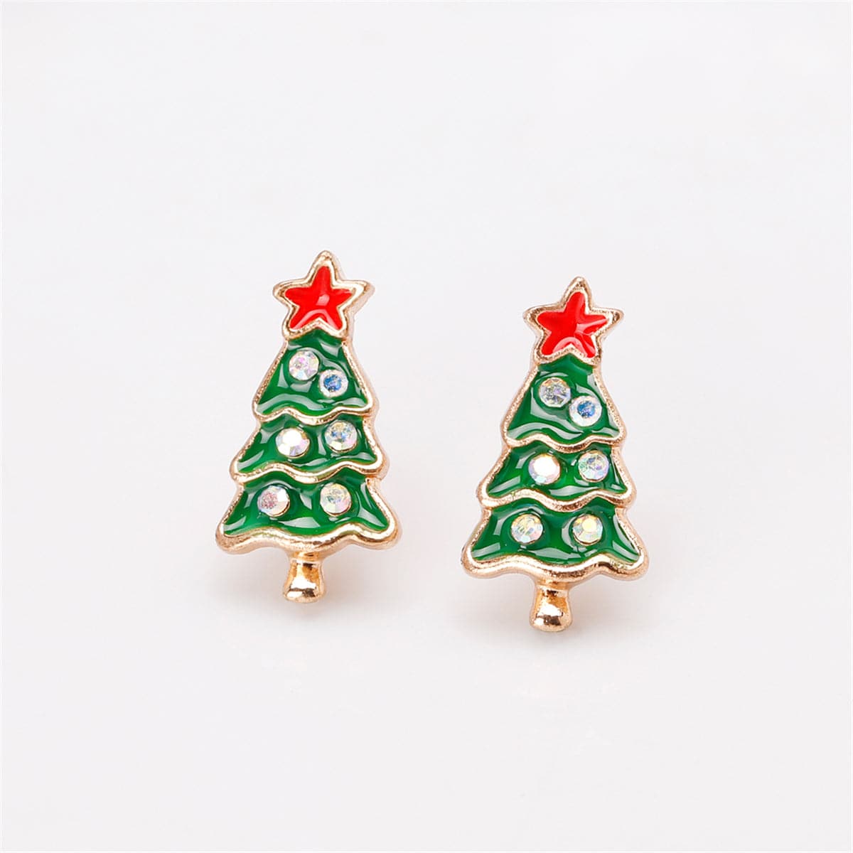 Cubic Zirconia & Green Enamel 18K Gold-Plated Christmas Tree Stud Earrings