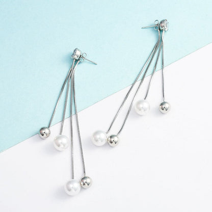 Pearl and Cubic Zirconia Silver-Plated Ball Tassel Drop Earrings, silver drop earrings for women, detail close-up